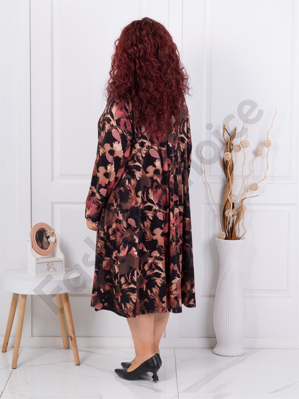 Plus size φόρεμα με βελούδινη υφή-καφέ/μπορντό-κωδ 64241