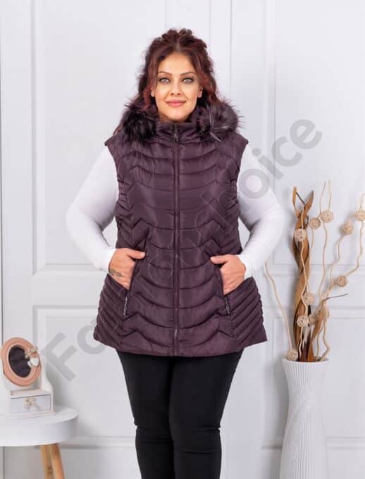 Plus size αμάνικο μπουφάν με γούνα-μωβ-κωδ 2257-1