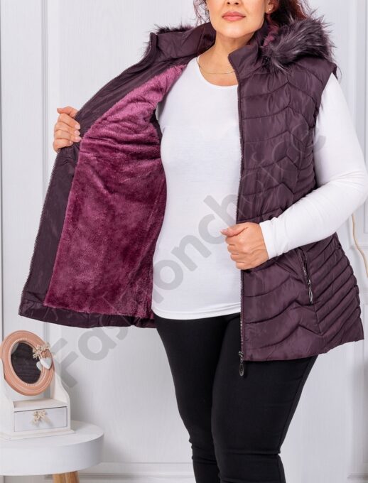 Plus size αμάνικο μπουφάν με γούνα-μωβ-κωδ 2257-1