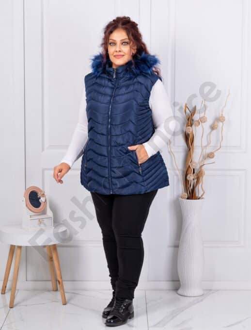 Plus size αμάνικο μπουφάν με γούνα-μπλε σκούρο-κωδ 2257-3