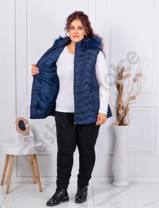 Plus size αμάνικο μπουφάν με γούνα-μπλε σκούρο-κωδ 2257-3