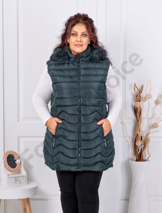 Plus size αμάνικο μπουφάν με γούνα μακρύ-πράσινο-κωδ 2365-2