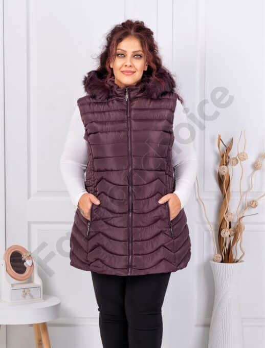 Plus size αμάνικο μπουφάν με γούνα μακρύ-μπορντό-κωδ 2365-1