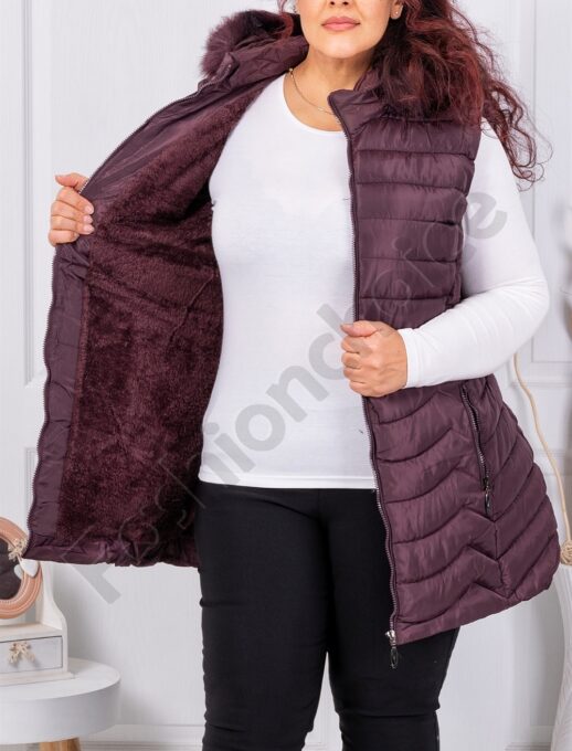 Plus size αμάνικο μπουφάν με γούνα μακρύ-μπορντό-κωδ 2365-1