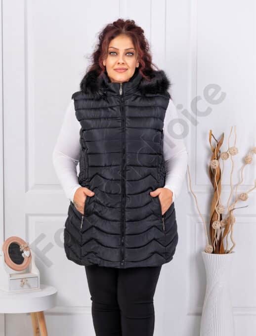 Plus size αμάνικο μπουφάν με γούνα μακρύ-μαύρο-κωδ 2365