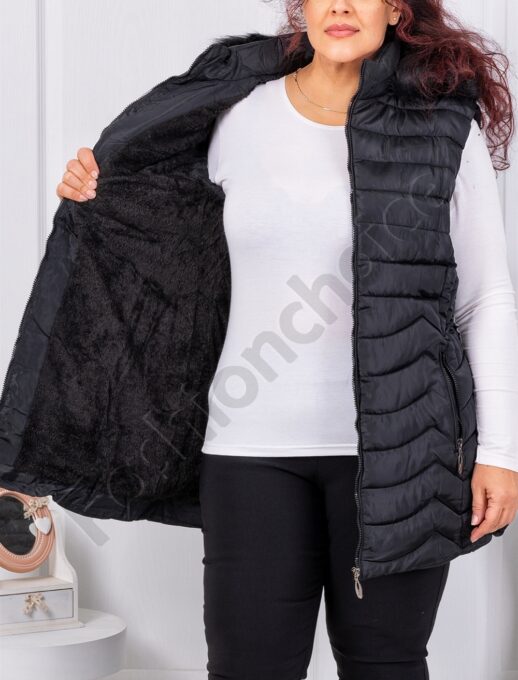 Plus size αμάνικο μπουφάν με γούνα μακρύ-μαύρο-κωδ 2365