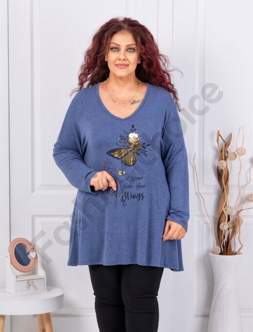 Plus size πλεκτή μπλούζα με τύπωμα-μπλε ραφ-κωδ 10040-5