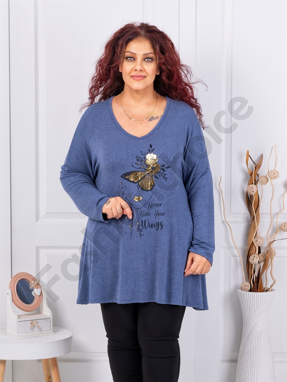 Plus size πλεκτή μπλούζα με τύπωμα-μπλε ραφ-κωδ 10040-5