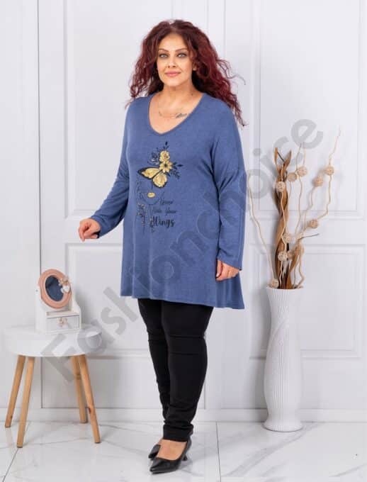 Plus size πλεκτή μπλούζα με τύπωμα-μπλε ραφ-κωδ 10040-5