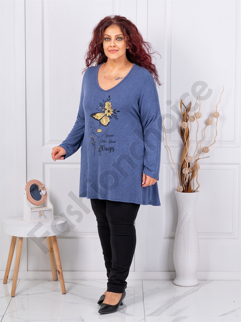 Plus size πλεκτή μπλούζα με τύπωμα-μπλε ραφ-κωδ 10040-5