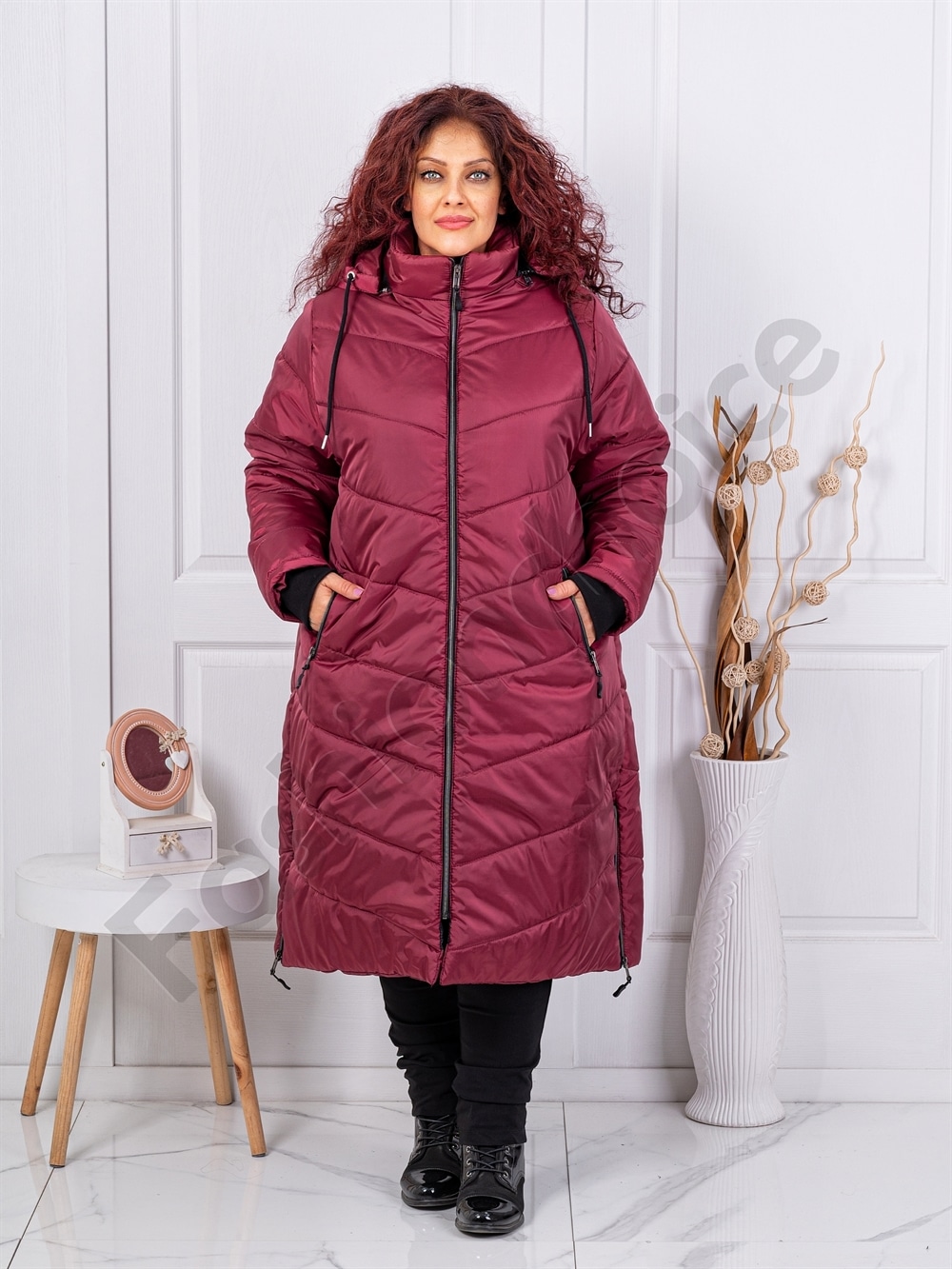 Plus size καπιτονέ μπουφάν μακρύ-μπορντό-κωδ 25050-2