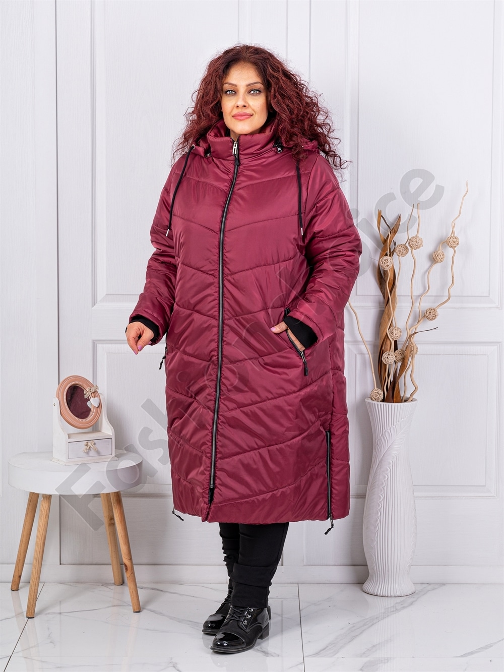 Plus size καπιτονέ μπουφάν μακρύ-μπορντό-κωδ 25050-2