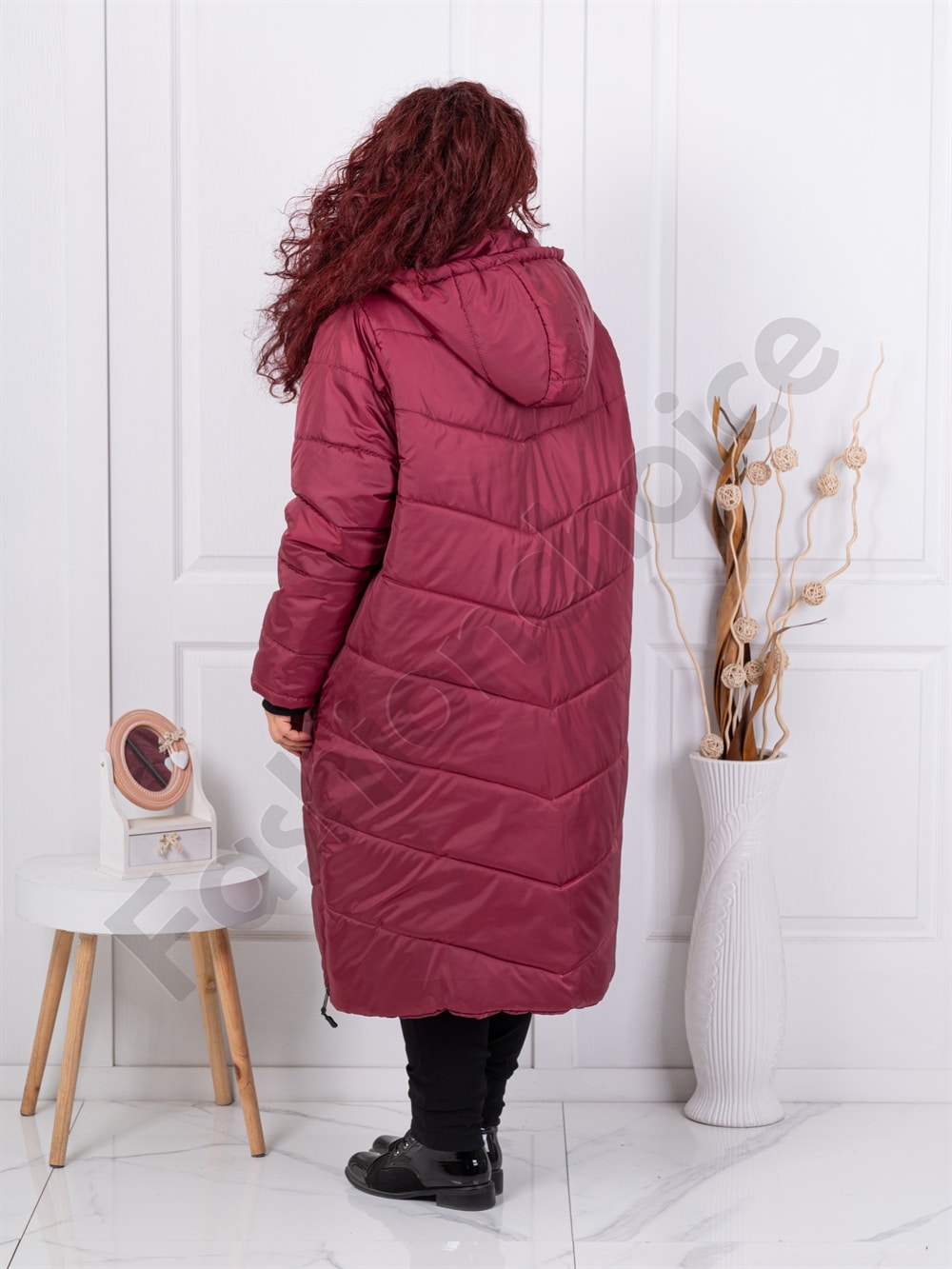 Plus size καπιτονέ μπουφάν μακρύ-μπορντό-κωδ 25050-2