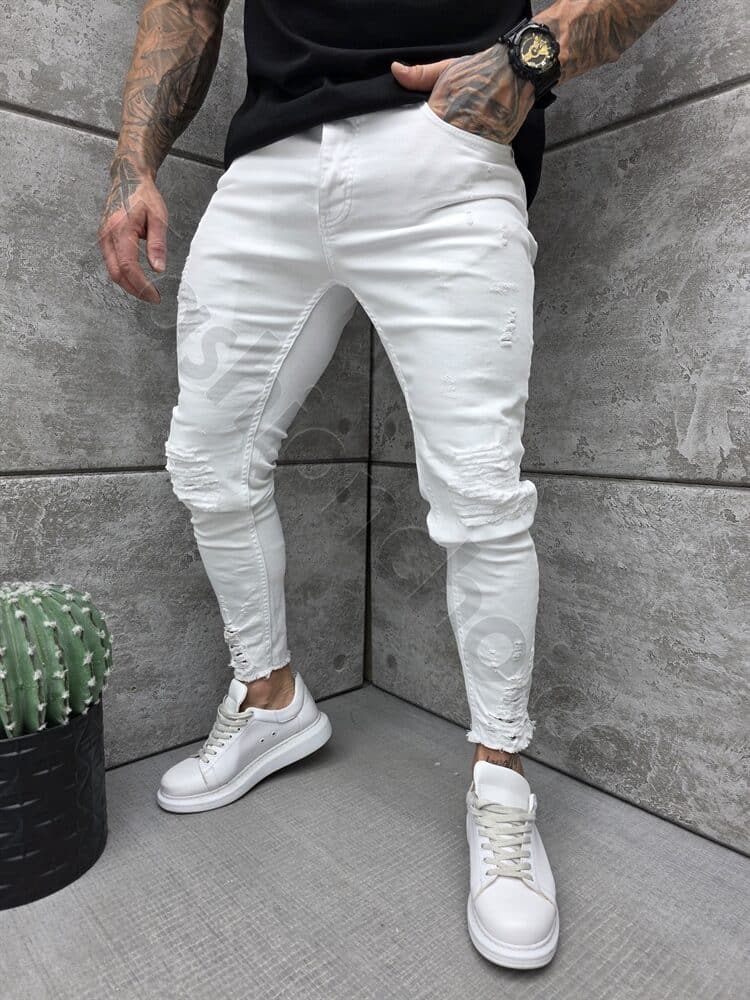 Ανδρικό τζιν παντελόνι Skinny με σκισίματα-λευκό-κωδ 4629-2