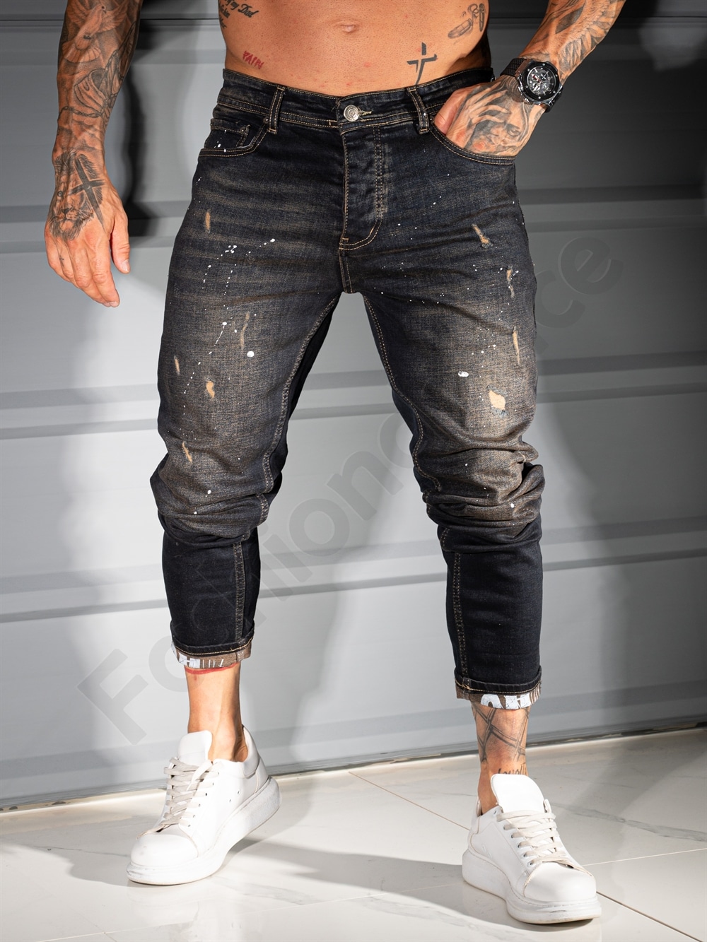 Ανδρικό τζιν παντελόνι Skinny fit με πιτσιλιές /34-42/-μαύρο-κωδ 2108