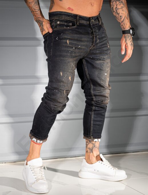 Ανδρικό τζιν παντελόνι Skinny fit με πιτσιλιές /34-42/-μαύρο-κωδ 2108