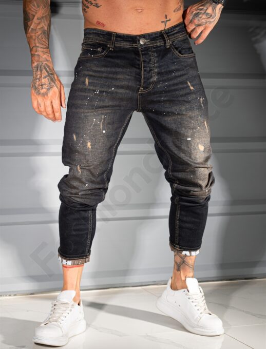 Ανδρικό τζιν παντελόνι Skinny fit με πιτσιλιές /34-42/-μαύρο-κωδ 2108