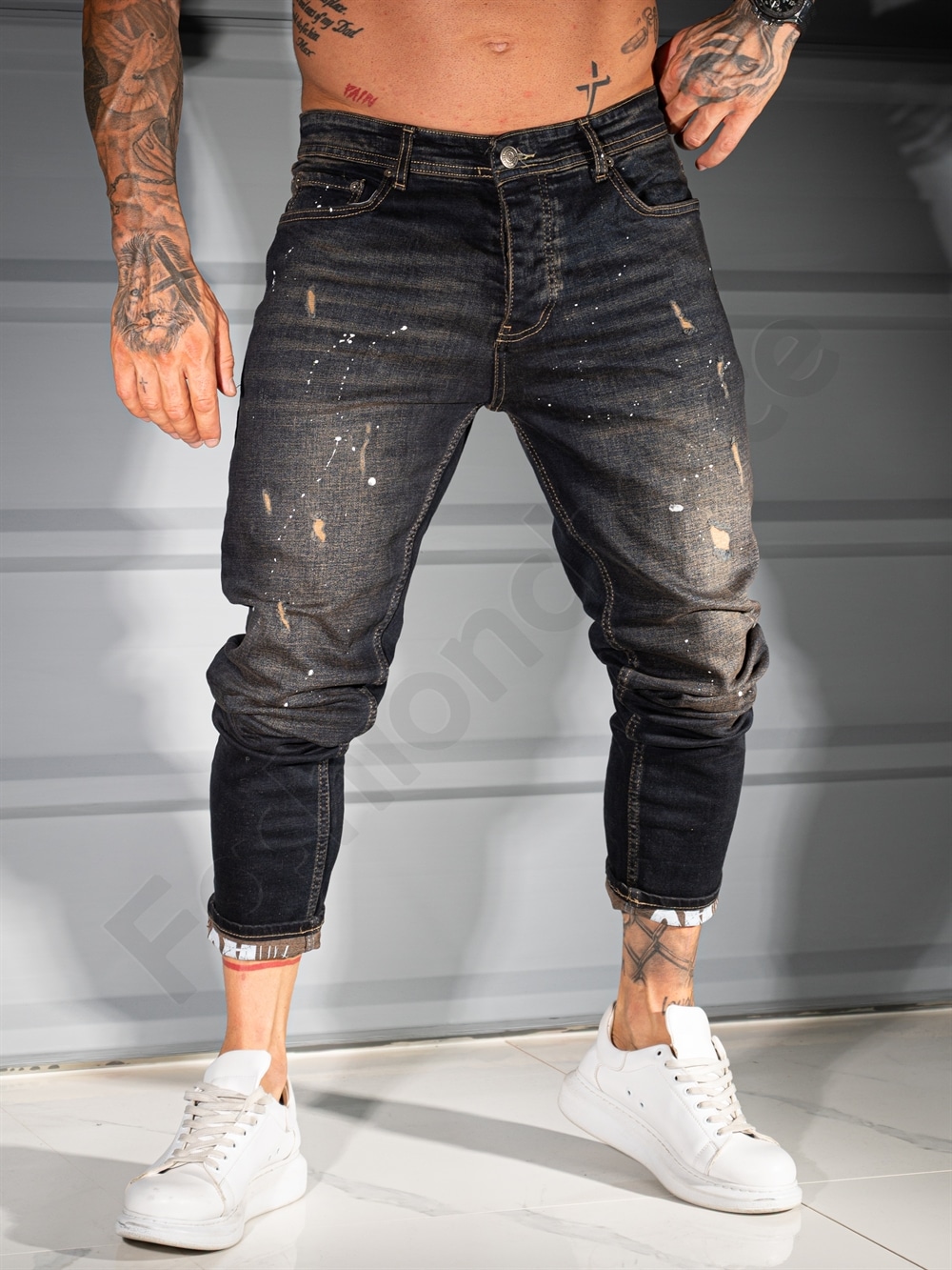 Ανδρικό τζιν παντελόνι Skinny fit με πιτσιλιές /34-42/-μαύρο-κωδ 2108