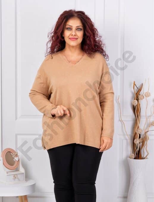 Plus size πλεκτή V μπλούζα με στρας-μπεζ-κωδ 8353-1