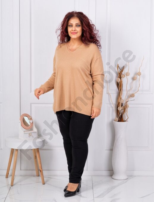 Plus size πλεκτή V μπλούζα με στρας-μπεζ-κωδ 8353-1