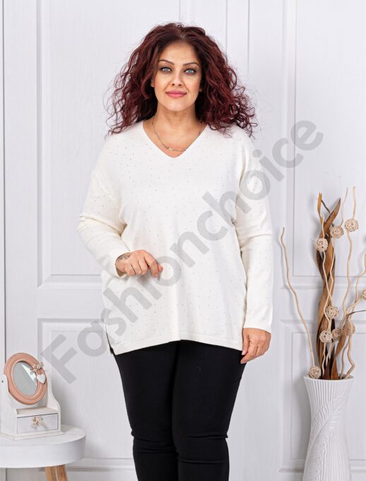 Plus size πλεκτή V μπλούζα με στρας-εκρού-κωδ 8353-2