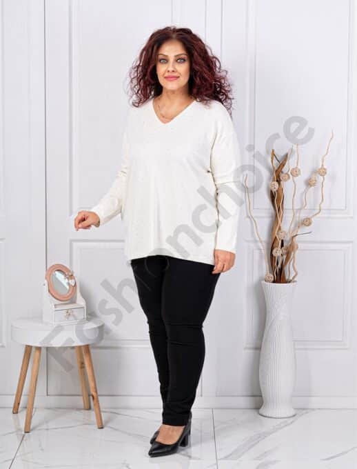 Plus size πλεκτή V μπλούζα με στρας-εκρού-κωδ 8353-2