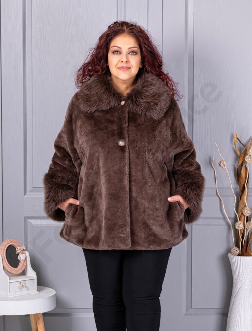 Plus size γούνινο παλτό με γιακά-καφέ-κωδ 230129-4