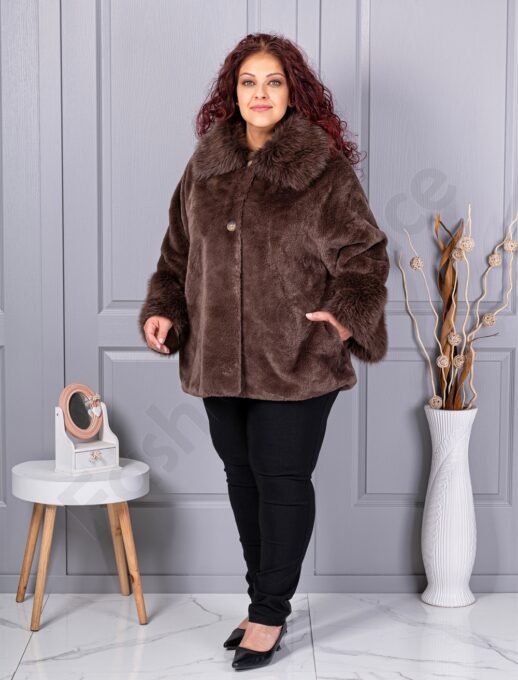 Plus size γούνινο παλτό με γιακά-καφέ-κωδ 230129-4