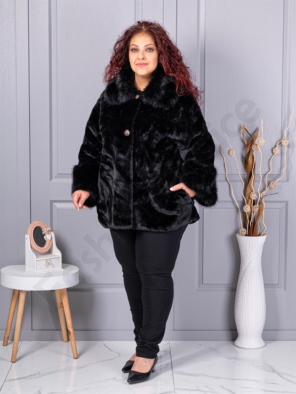 Plus size γούνινο παλτό με γιακά-γκρι-κωδ 230129-6