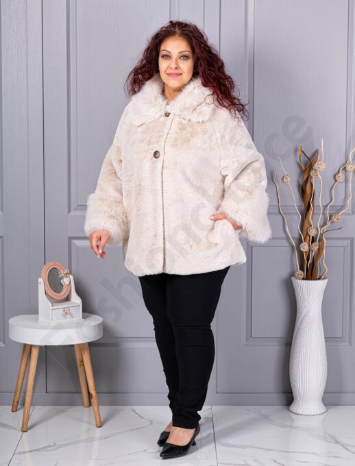 Plus size γούνινο παλτό με γιακά-εκρού-κωδ 230129-1