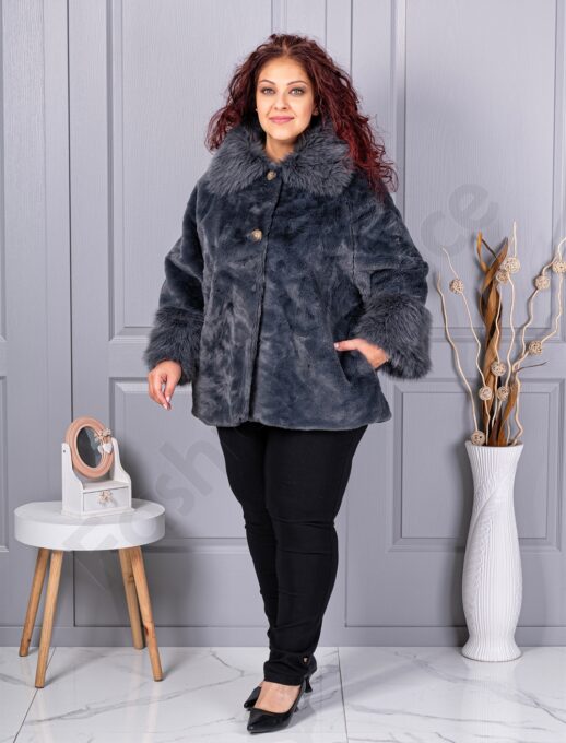 Plus size γούνινο παλτό με γιακά-γκρι-κωδ 230129-6