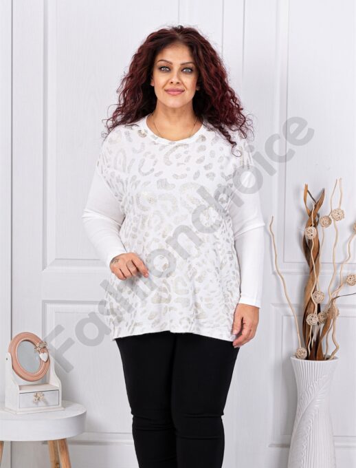 Plus size μπλούζα με λεοπάρ λεπτομέρεια-λευκό-κωδ 6761-1