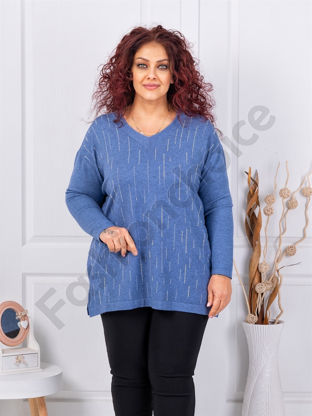 Plus size πλεκτή τουνίκ με V-λαιμόκοψη-μπλε-κωδ 1963-5