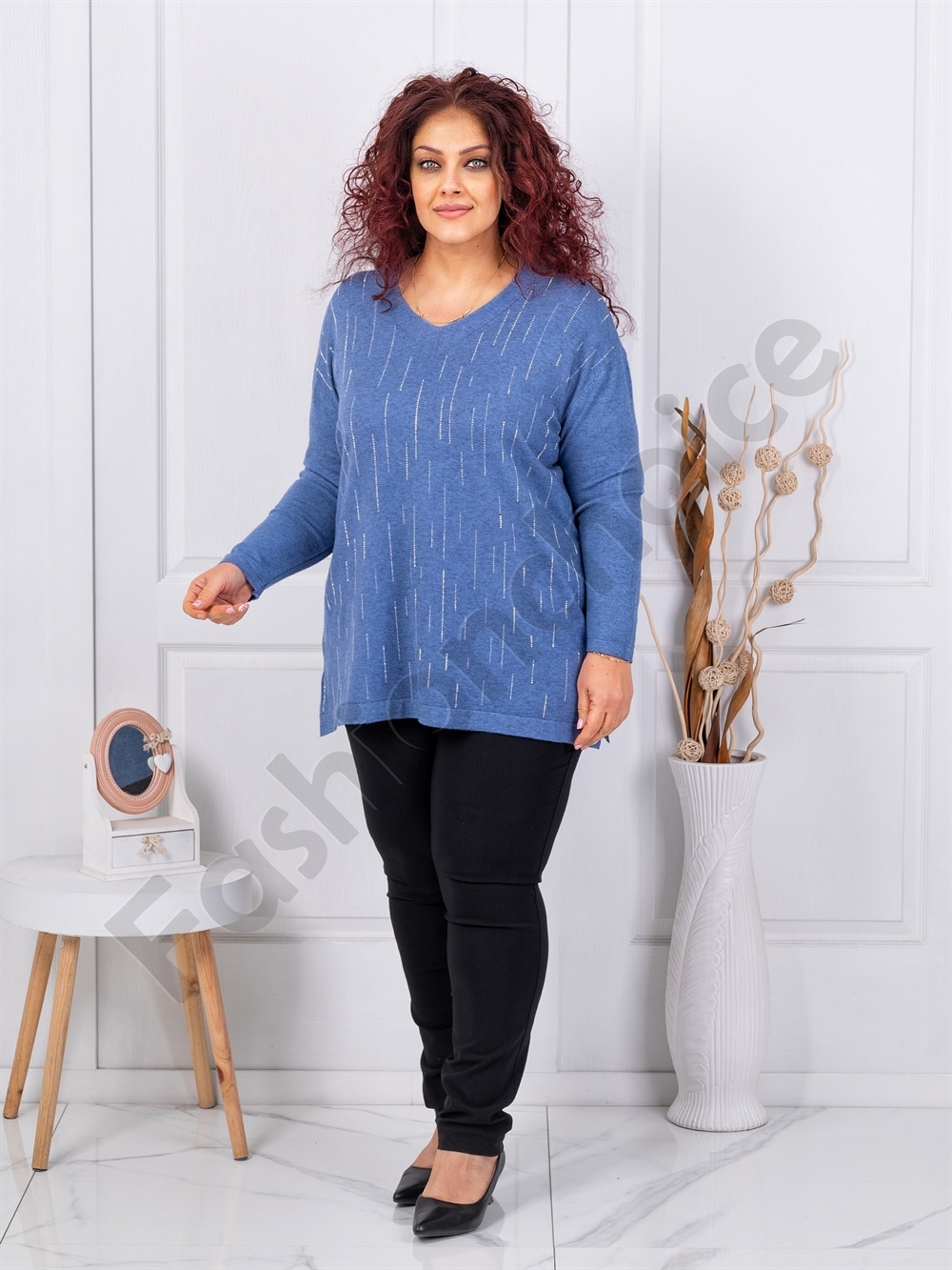 Plus size πλεκτή τουνίκ με V-λαιμόκοψη-μπλε-κωδ 1963-5