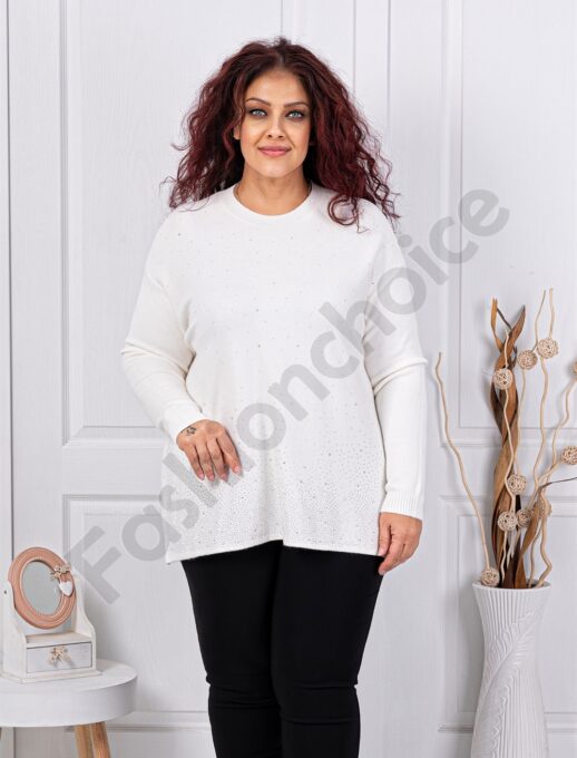 Plus size πλεκτή μπλούζα με στρας-λευκό-κωδ 1978-3