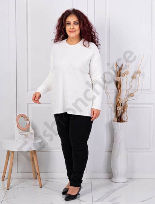 Plus size πλεκτή μπλούζα με στρας-λευκό-κωδ 1978-3
