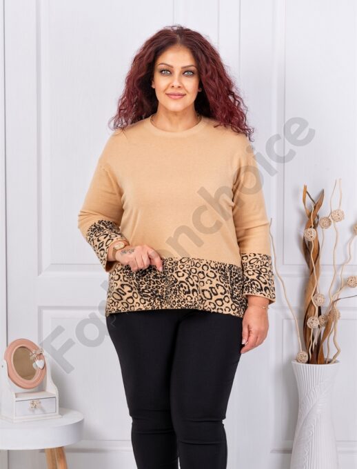 Plus size μπλούζα με λεοπάρ λεπτομέρεια-μπεζ-κωδ 6727-1