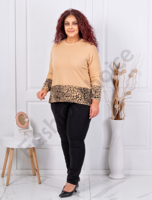 Plus size μπλούζα με λεοπάρ λεπτομέρεια-μπεζ-κωδ 6727-1