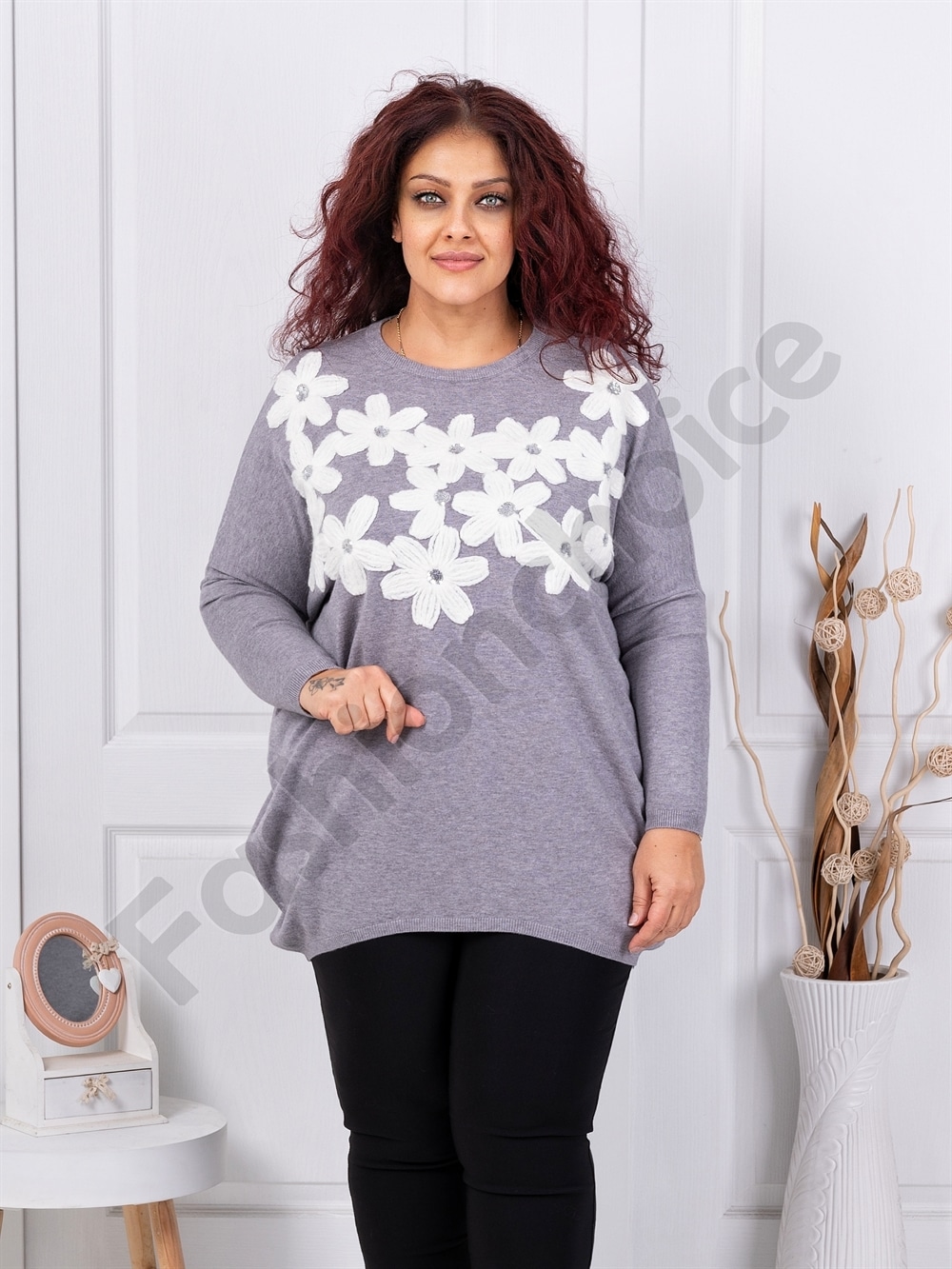 Plus size τουνίκ με απλικέ πλεκτά λουλούδια-γκρι-κωδ 85829-3