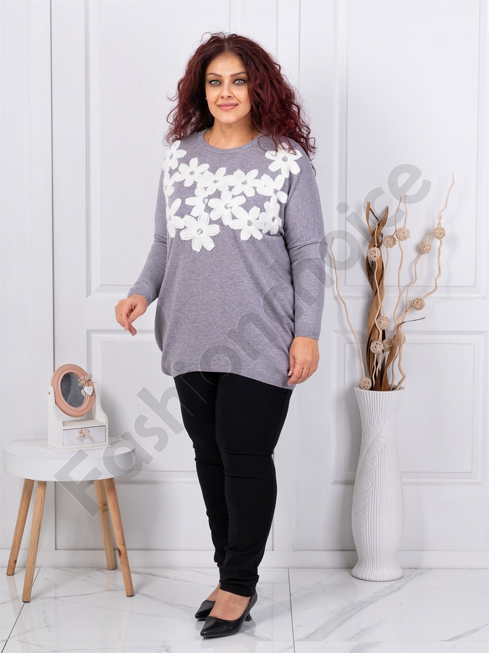 Plus size τουνίκ με απλικέ πλεκτά λουλούδια-γκρι-κωδ 85829-3