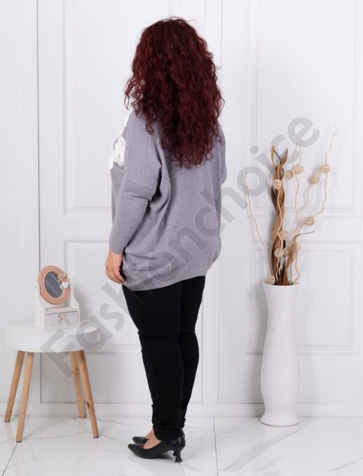 Plus size τουνίκ με απλικέ πλεκτά λουλούδια-γκρι-κωδ 85829-3