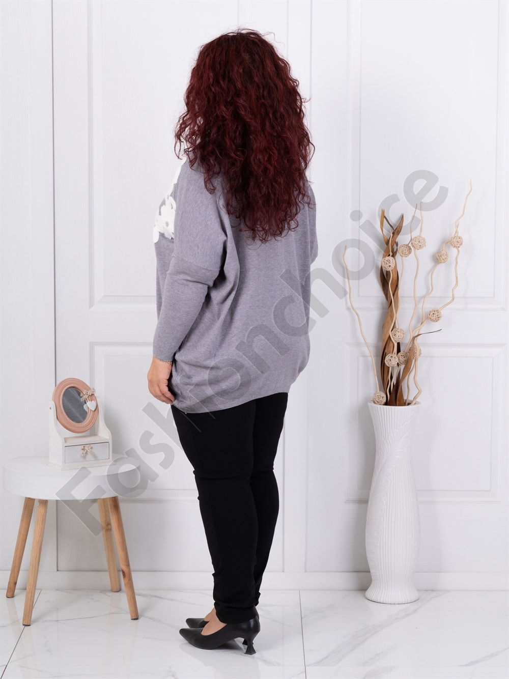 Plus size τουνίκ με απλικέ πλεκτά λουλούδια-γκρι-κωδ 85829-3