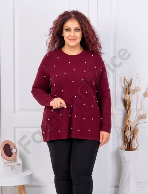 Plus size πλεκτή μπλούζα με πέρλες-μπορντό-κωδ 1977-2