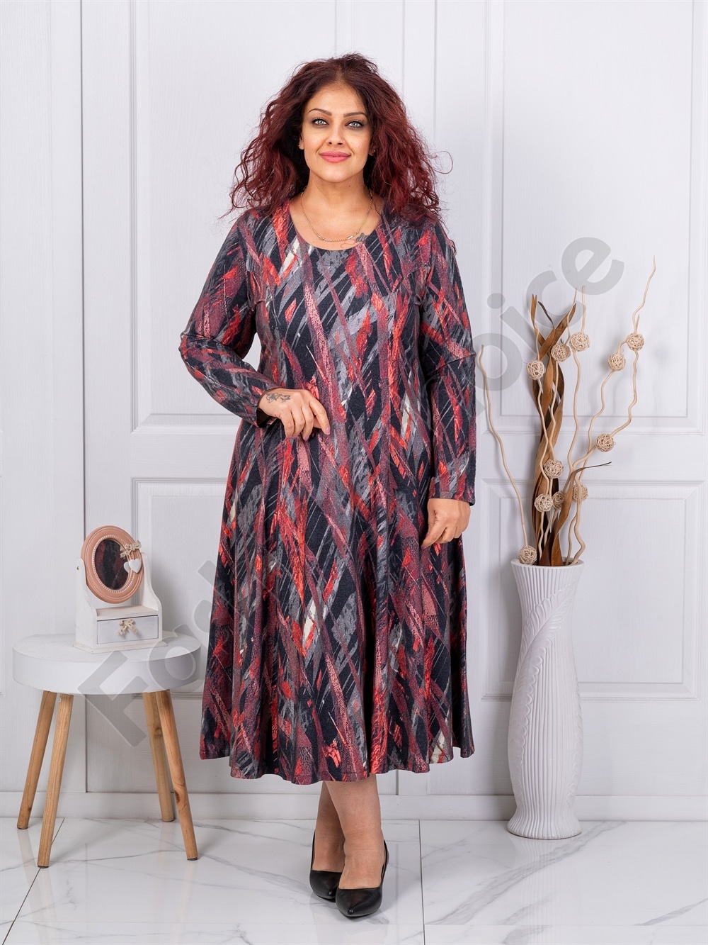 Plus size φόρεμα ανγκόρα-μαύρο/μπορντό-κωδ 25363