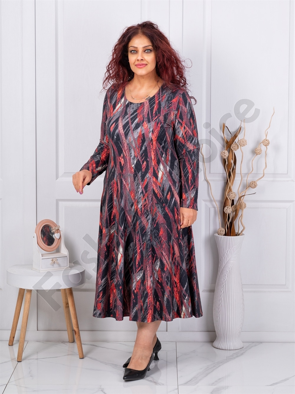 Plus size φόρεμα ανγκόρα-μαύρο/μπορντό-κωδ 25363