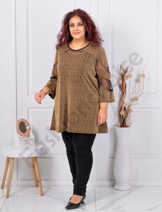 Plus size γυαλιστερή τουνίκ με τούλι-χρυσό-κωδ 1429-1