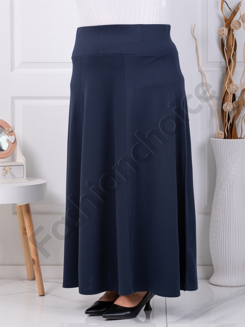 Plus size κλος φούστα με λάστιχο-μπλε σκούρο-κωδ 25365-2