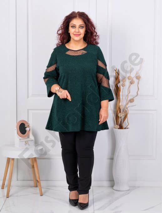 Plus size γυαλιστερή τουνίκ με τούλι-σκούρο πράσινο-κωδ 1429-4