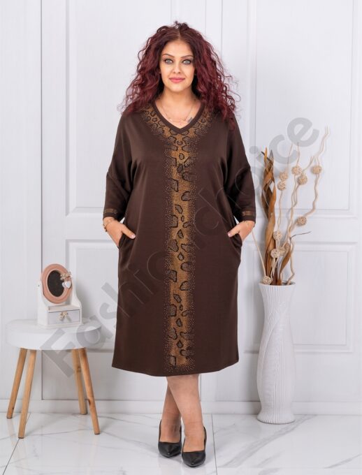 Plus size κομψό φόρεμα με λεοπάρ απλικέ-καφέ-κωδ 2562-1