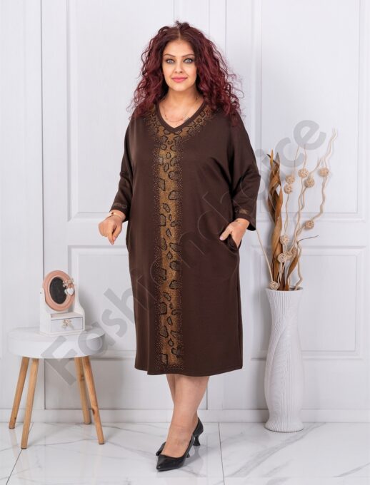 Plus size κομψό φόρεμα με λεοπάρ απλικέ-καφέ-κωδ 2562-1
